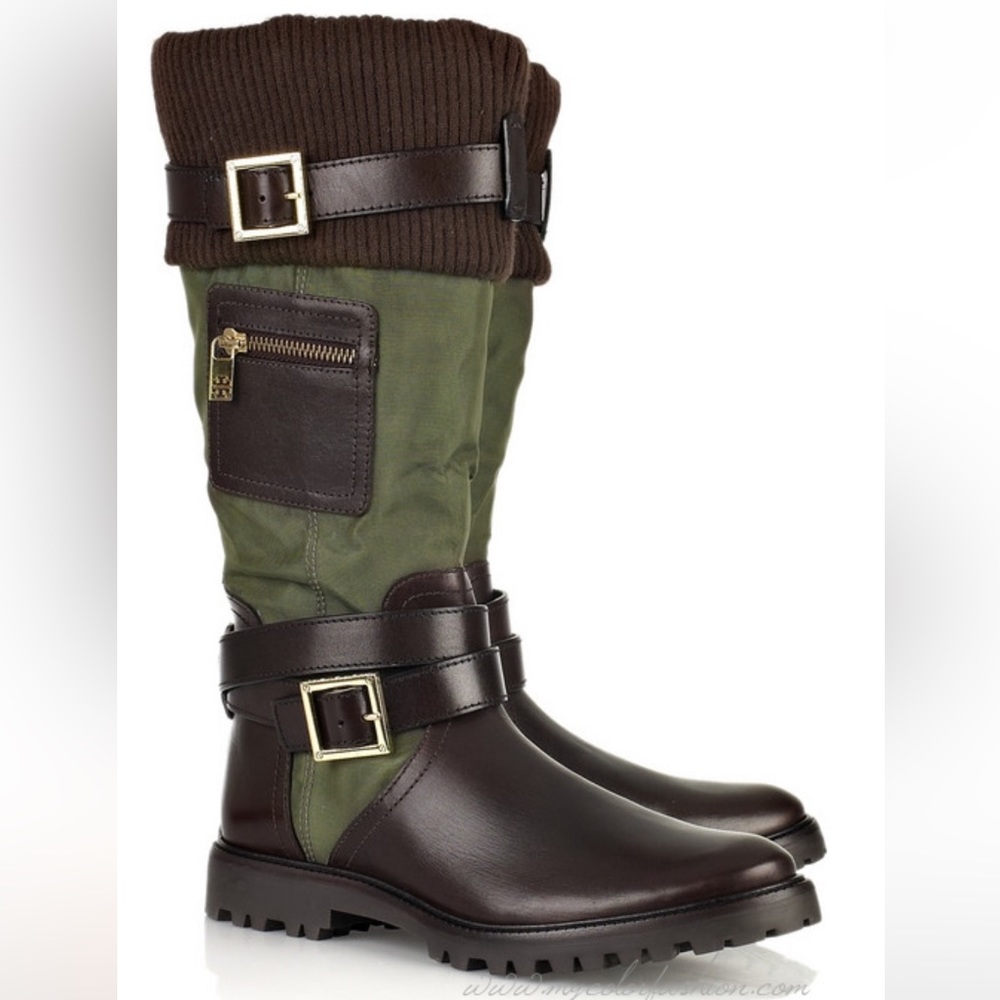 Tory Burch Brown Leather and Canvas with Knit Tops Boots